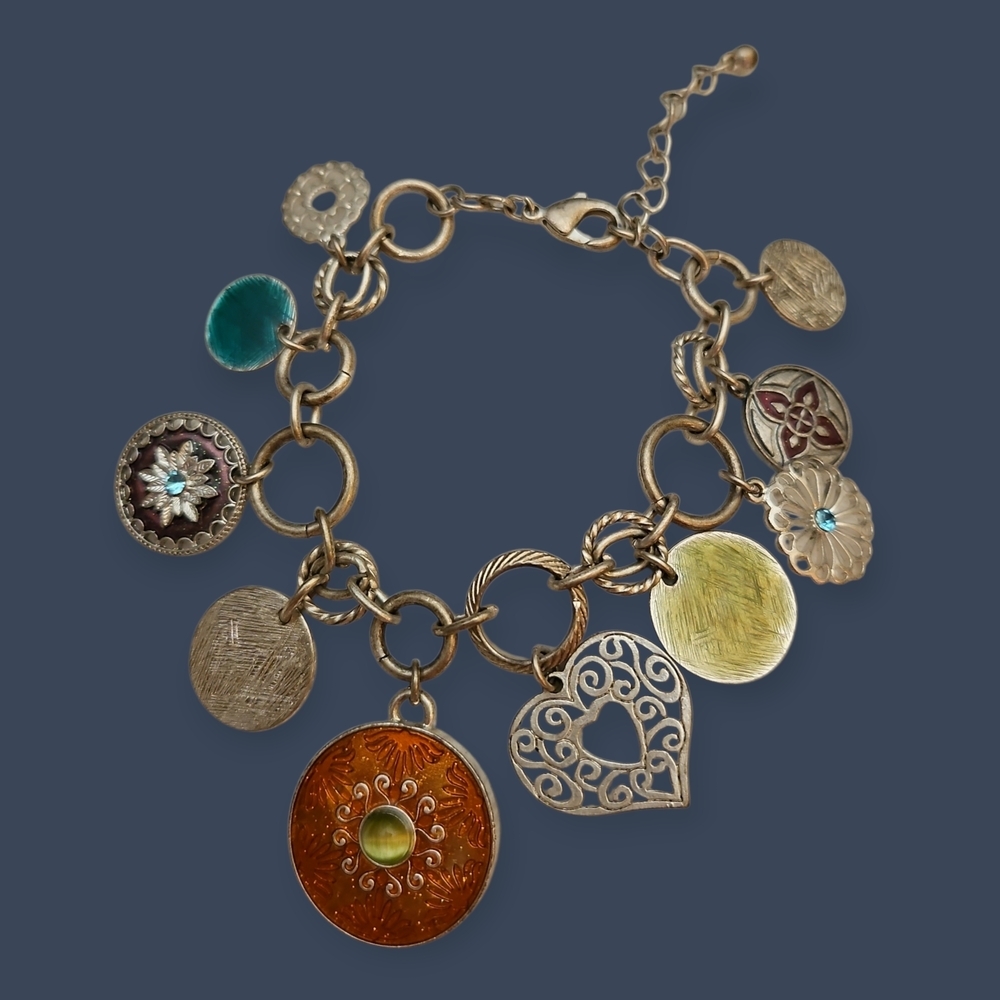 Vintage Floral Coin Heart Charm Chain Bracelet